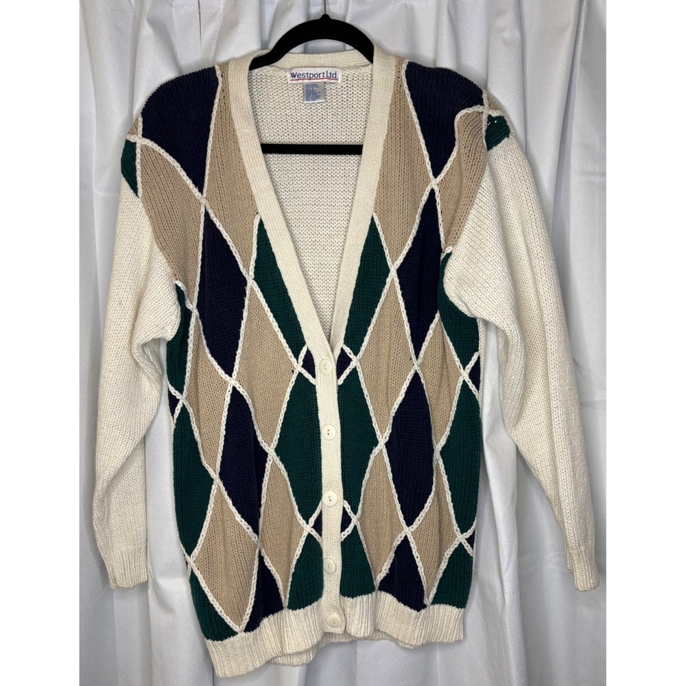 Westport Ltd Vintage Argyle Knit Cardigan Sweater Oversized Cottagecore